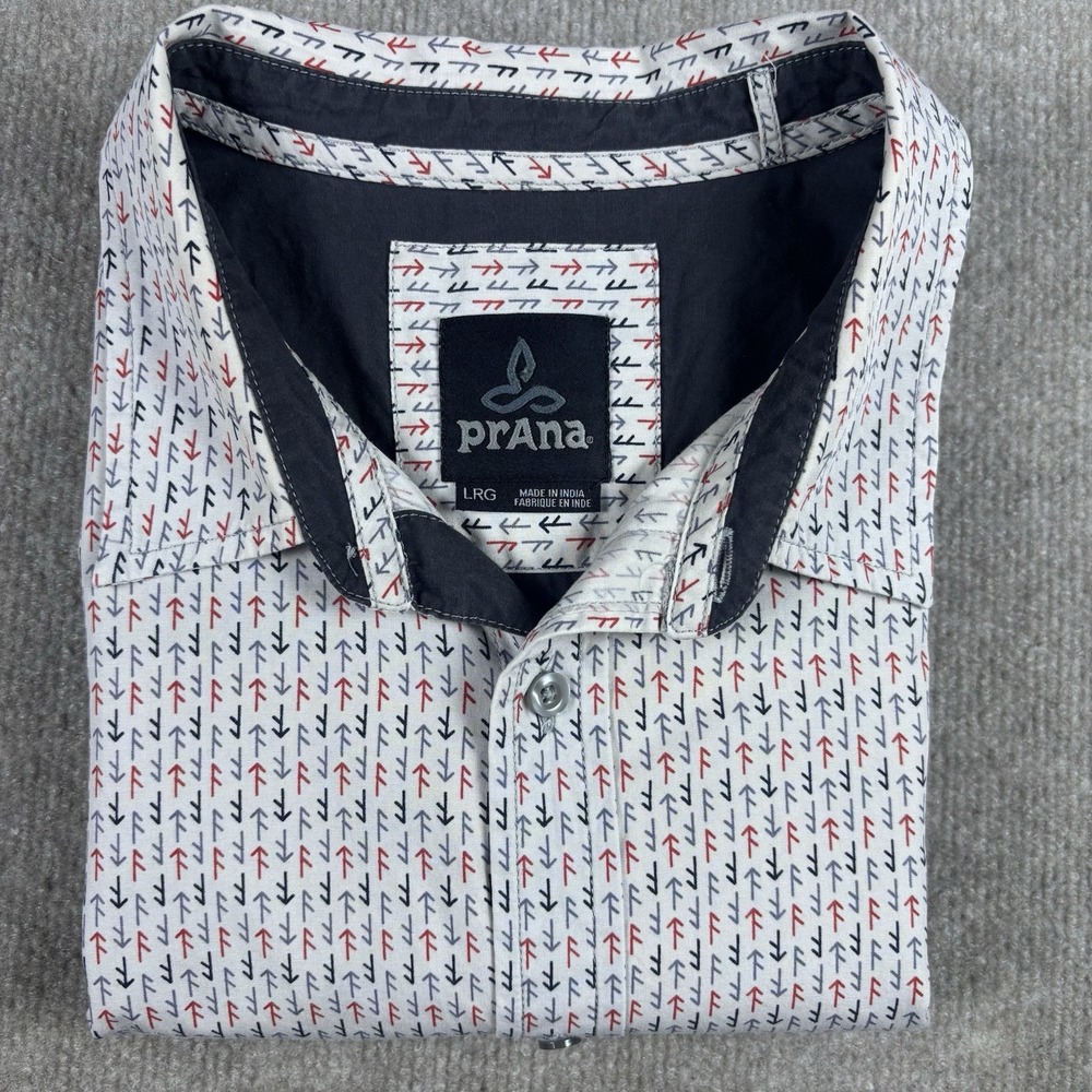 prAna Organic Cotton Button Up Shirt Mens L White Arrow Print Long Sleeve